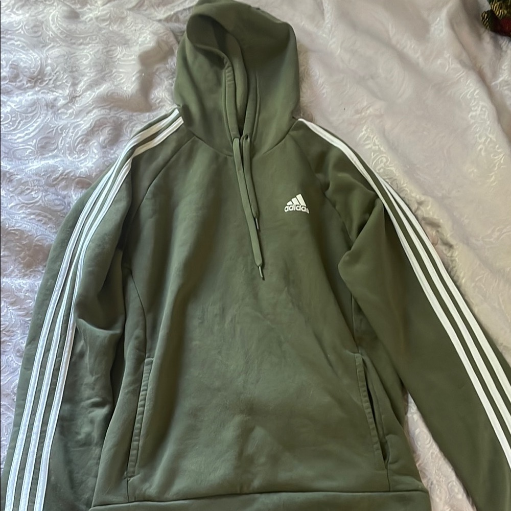 Adidas Olive Hoodie with White Stripes
